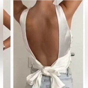 Zara White Satin Backless Bow Tie Tank